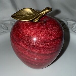 Mid Century Modern Paperweight Red Marble Apple with Brass Leaf Accent